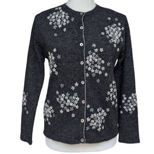 Vintage 90s Y2K Gray Knit Cardigan Sweater White Embroidered Flower Small P Wool